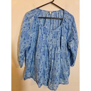 Sonoma Life + Style Womens 1X Blue White Cotton Pintuck 3/4 Sleeve Blouse Top